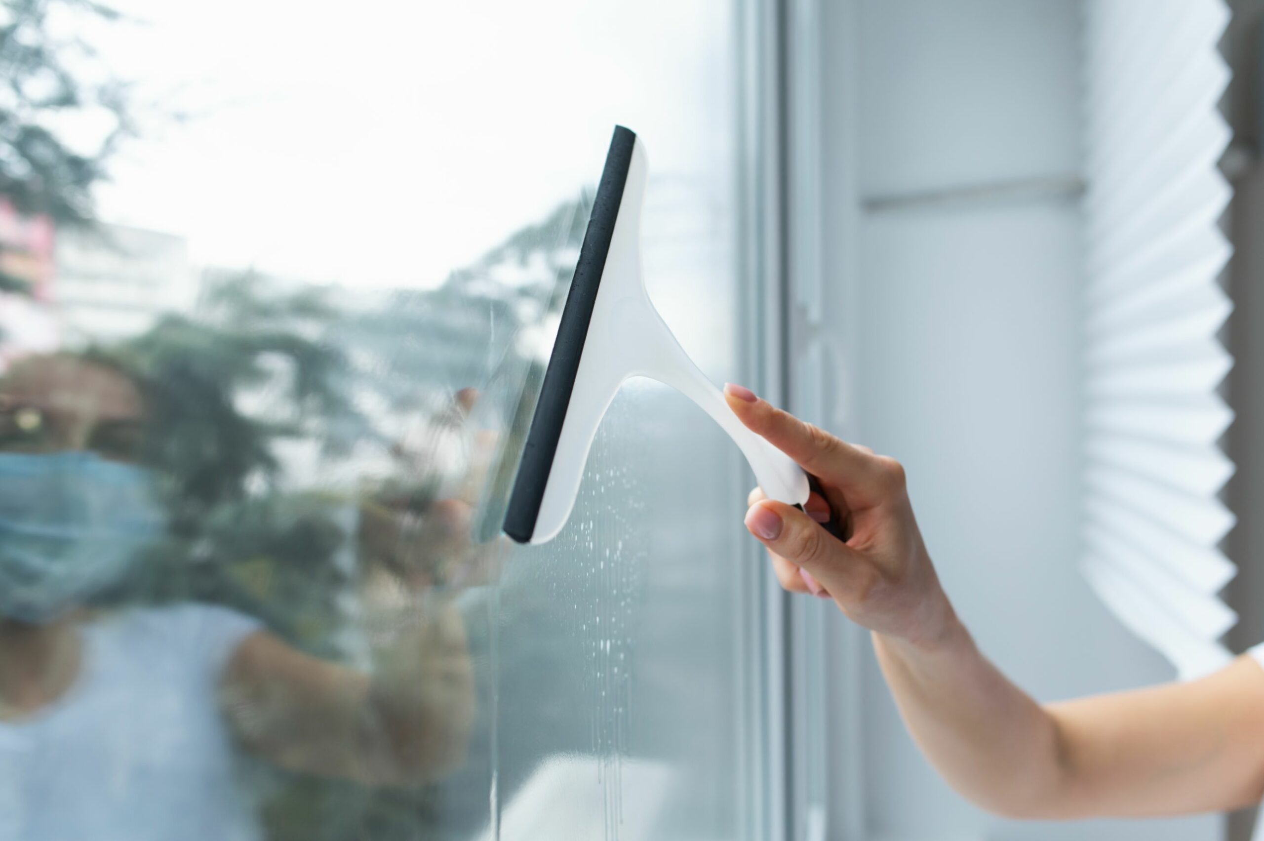 Agente professionnelle réalisant le nettoyage d'une grande vitre