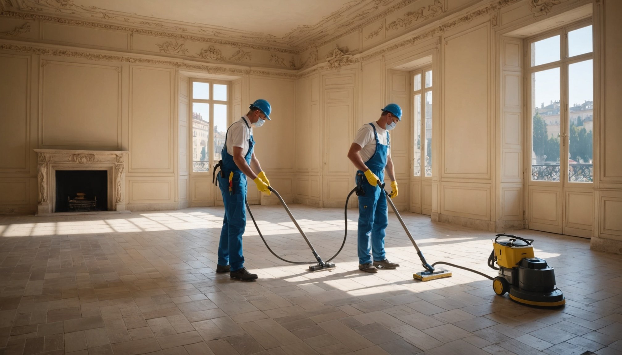 Professionnelle utilisant un aspirateur pour nettoyer un sol